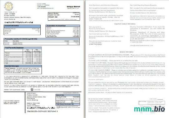 Bahamy Bank Centralny wyciąg z kredytu hipotecznego, 2 strony, 1-2